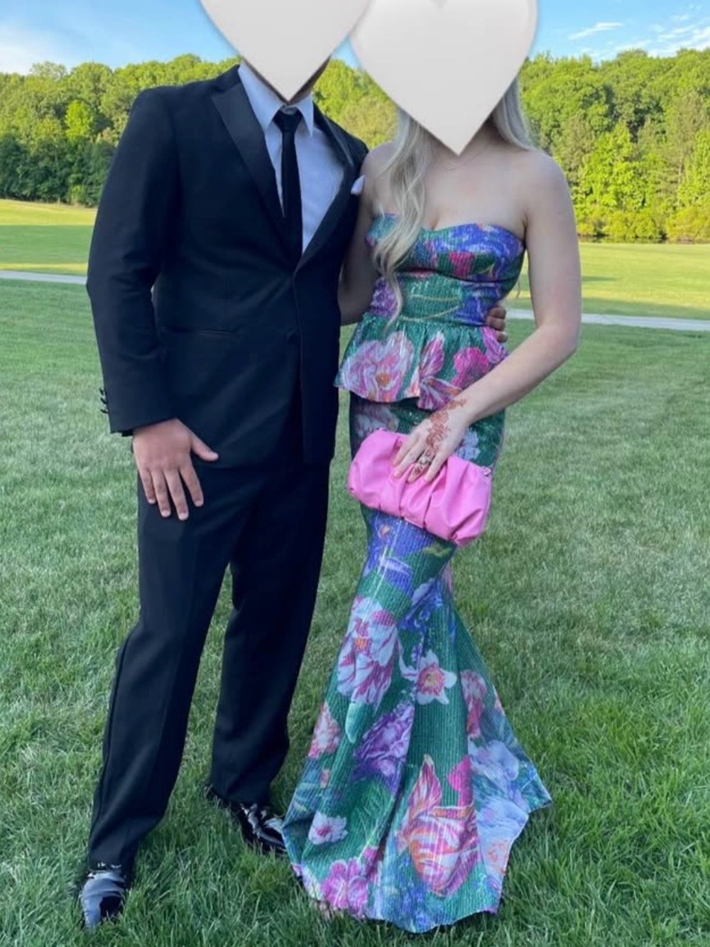 Dress the Population Scarlett Strapless Floral Peplum Gown - Green & Pink